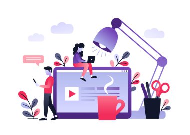 İnternet, sosyal ağ, sohbet, video, haber, mesaj, web sitesi, mobil web grafikleri yoluyla iletişimin vektör ultraviyole grafiksel grafikleri. Çalışma masasında dizüstü bilgisayarla çalışan karakterler.