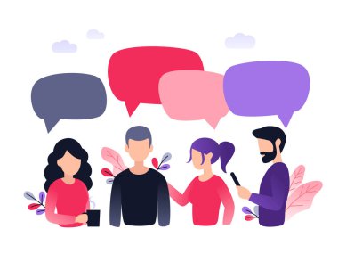 Bir grup insan, meslektaşlar, ofis çalışanları, arkadaşlar, ofiste kahve içenler. Takım çalışması vektör illüstrasyonu, düz biçim, iş arkadaşları sosyal ağ, haber, sohbet, diyalog konuşma baloncukları tartışır