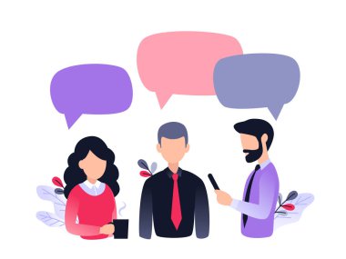 Bir grup insan, meslektaşlar, ofis çalışanları, arkadaşlar, ofiste kahve içenler. Takım çalışması vektör illüstrasyonu, düz biçim, iş arkadaşları sosyal ağ, haber, sohbet, diyalog konuşma baloncukları tartışır