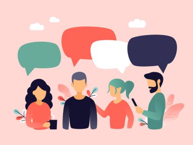 Vektör illüstrasyonu, düz stil, iş adamları sosyal ağı, haberleri, sohbeti, diyalog baloncuklarını tartışıyor. Ofis çalışanları konuşma baloncuklarıyla konuşuyor. Canlı mercan rengi palet.