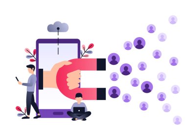 Sosyal medya ultraviyole konsept vektör illüstrasyonunda mıknatıs takipçileri ve beğeni çekiyor. Etkili pazarlama ya da viral reklam kampanyası. İzleyici ya da müşteri koruma stratejisi.