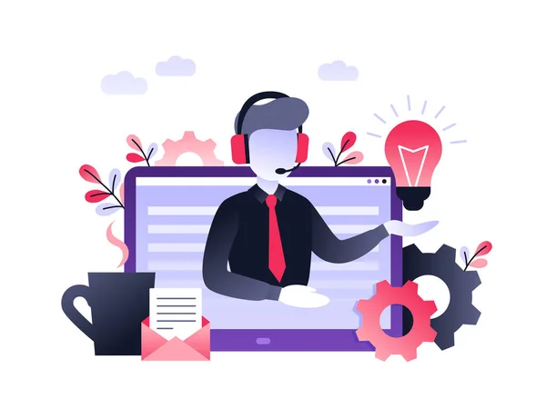 Konsept müşteri ve operatör, web sayfası için 7 / 24 çevrimiçi teknik destek. Vektör illüstrasyon erkek yardım hattı operatörü müşteriye tavsiyede bulunuyor. Çevrimiçi asistan, iş için sanal yardım servisi.