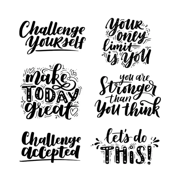 stock vector Vector set of motivational saying for posters and cards. Positive slogan for office and gym, overcome challenges. Black inspirational handmade lettering 