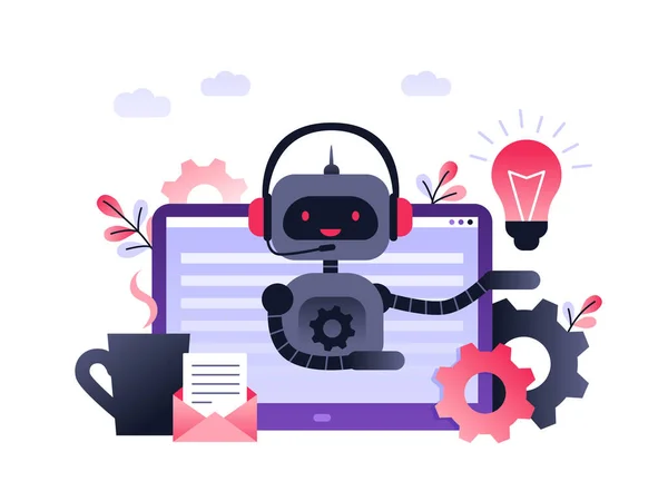 Chatbot işi konsepti. Sitenin modern afişi. Chatbot, yapay zeka, müşteri desteği, robot hattı. Masasında bilgisayar olan ultra mor düz vektör çizimi.