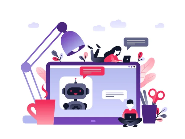 Chatbot işi konsepti. Sitenin modern afişi. Chatbot, yapay zeka, müşteri desteği, robot hattı. Masasında bilgisayar olan ultra mor düz vektör çizimi küçük insanlar