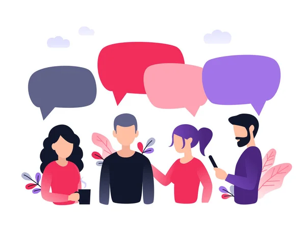 Bir grup insan, meslektaşlar, ofis çalışanları, arkadaşlar, ofiste kahve içenler. Takım çalışması vektör illüstrasyonu, düz biçim, iş arkadaşları sosyal ağ, haber, sohbet, diyalog konuşma baloncukları tartışır