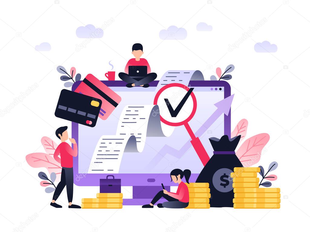 vector illustration of virtual business assistant. flat icon on computer is money, cards investment management. graphic design business concept mobile assistant, mobile banking.