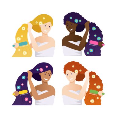 Saçlarını tarayıp tarayan dört güzel bayandan oluşan çok ırklı bir grup. Farklı uzun saçlı ve çiçekli kadınlar. Kıvırcık esmer ve kızıl, sarışın ve siyah düz saç tedavisi.