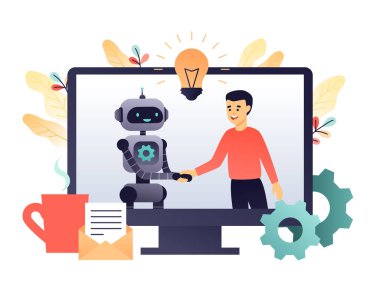 Robot ve insan el sıkışarak anlaşma yapar. Sanayi 4.0 ve yapay zeka. Makine öğrenimi. Yaşayan mercan paletinde düz vektör çizimi