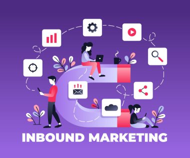 Çevrimiçi müşterilerin ilgisini çeken ultraviyole görüntü. Büyük mıknatıs ve dizüstü bilgisayarı olan insanlar. Müşteri koruma stratejisi, dijital yaklaşan pazarlama, müşteri çekimleri gradyan pankartı.