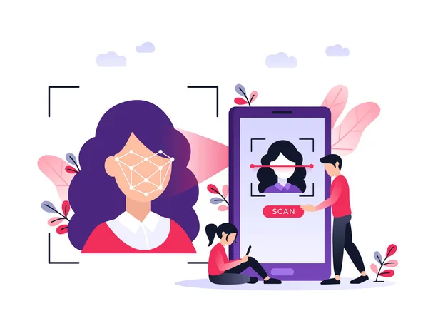 Smarttelefonen Skanner Kvinneansikt Biometrisk Identifikasjon Ansiktsgjenkjenning Mobil App Ansiktsgjenkjenning Ultrafiolett – stockvektor