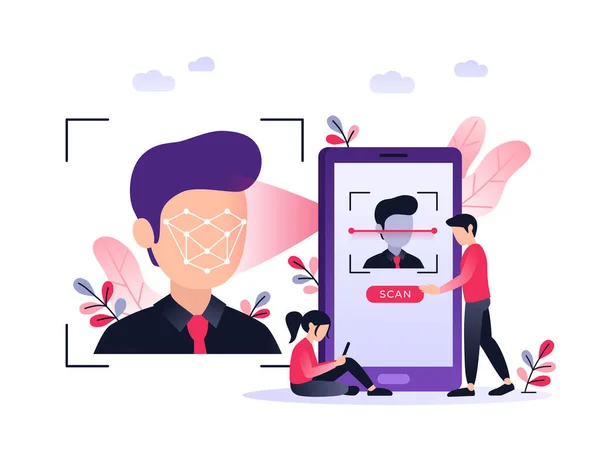 Akıllı telefon bir adamın yüzünü tarar. Biyometrik tanımlama. Yüz tanıma sistemi konsepti. Yüz tanıma için mobil uygulama. Ultraviyole düz vektör çizimi.