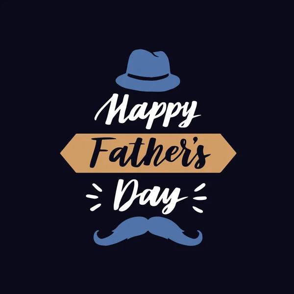 暗めの背景に手書き文字のフレーズ Happy Fathers Day 父の日ヴィンテージカラーベクトルイラストで帽子と口ひげ — ストックベクタ