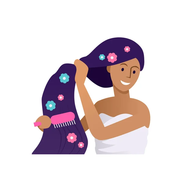Vektorillustrasjon Vakker Indianerkvinne Håndkle Børster Håret Med Kam Brunettbehandling Med – stockvektor