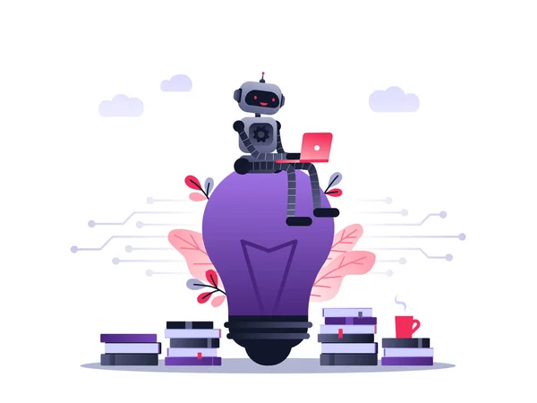 Yapay sinirsel ağ ile makine öğrenme algoritması kavramı, derin öğrenme. Dizüstü bilgisayarı olan robot büyük ampulün ve çiçeklerin üzerinde oturuyor. Vektör ultra mor konsept çizimi