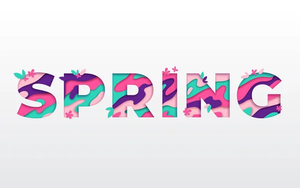 Frühlings Typografie Design Mit Abstrakten Papierschnitten Blättern Und Blumen Vektorillustration — Stockvektor