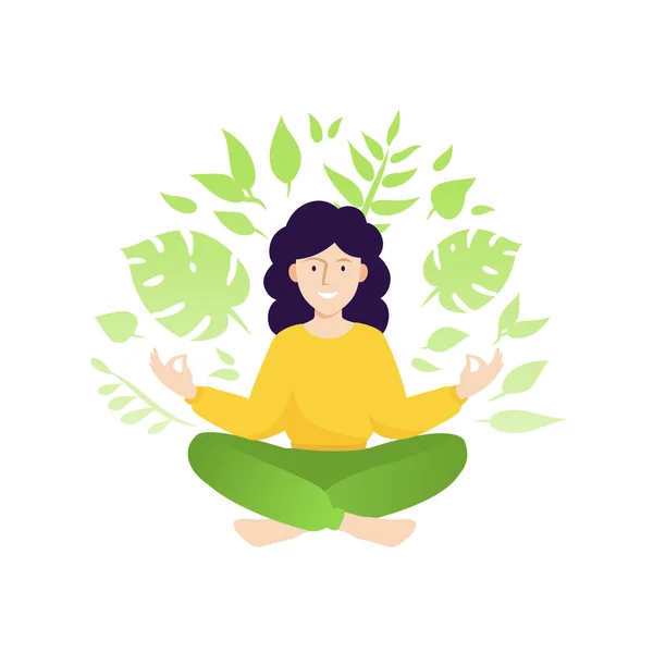 Векторная Иллюстрация Женской Медитации Йоги Цветочным Орнаментом Весенние Цвета Листья — стоковый вектор