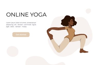 Kız videoda yoga yapıyor. Yoga dersleri çevrimiçi. Düz bir şekilde vektör illüstrasyonu. Asya 'daki kadın. Online yoga kurslarının web sitesi tasarımı. Tarafsız renkler.