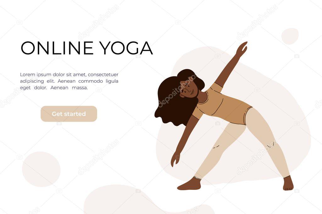 The girl does yoga in the video. Yoga classes online. Vector illustration in a flat style. Woman in asana. Concept for website design of online yoga courses. Neutral colors.