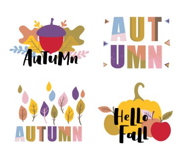 Elle yazılmış sonbahar vektör çizimleri. Soyut arkaplanda moda renk paleti ve siyah mürekkep ifadeleri. Sevimli tipografi ögeleri.