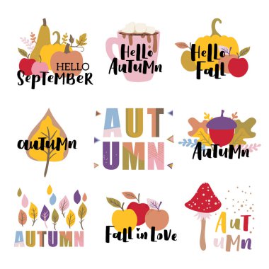 Elle yazılmış sonbahar vektör çizimleri. Soyut arkaplanda moda renk paleti ve siyah mürekkep ifadeleri. Sevimli tipografi ögeleri.