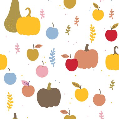 Sonbahar yaprakları ve balkabaklarıyla kusursuz bir desen. Pembe arka planda moda olan soyut elementler. Tekstil, kumaş, ambalaj kağıdı için soyut arkaplan.