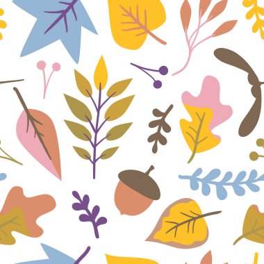 Sonbahar elementleriyle kusursuz vektör deseni. Beyaz izole arkaplanda moda renk dokusu. Tekstil ve ambalaj kağıdı için renkli tasarım.