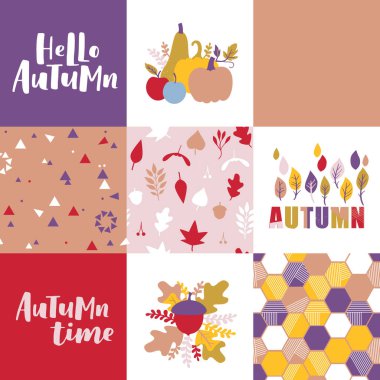Sonbaharla ilgili bir dizi vektör selamlama afişi. Kusursuz soyut desen, illüstrasyon ve mevsimsel harfler. Moda renk koleksiyonu.