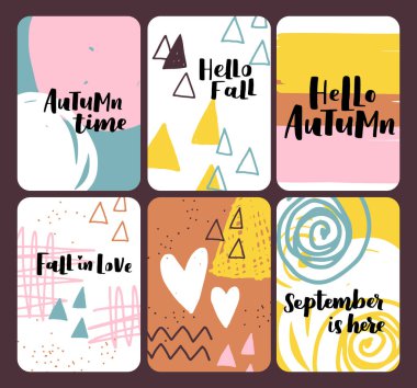 Büyük sonbahar vektör çizimleri ve el yazmaları. Renkli palet ve siyah mürekkep cümleleri. Soyut el çizimi şekiller.