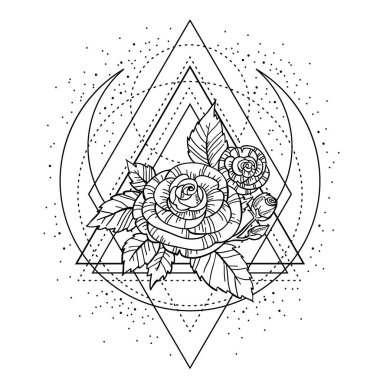 rose flower with sacred geometry frame. Tattoo, mystic symbol. Boho print, poster, t-shirt. textiles. Zen for anti stress book. Hand-drawn, retro card design. Isolated vector illustration. clipart