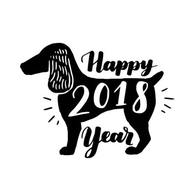 Yeni yılın kutlu olsun 2018 'li köpek silueti. Üzerinde harfler olan bir tebrik kartı. Vektör poster tasarımı.