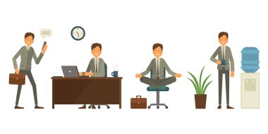 Havalı vektör düz iş karakterleri. Şirket uzmanları gülümsüyor. Adam işe gidiyor, kahve içiyor, meditasyon yapıyor ve dinleniyor, çok çalışıyor. İzole edilmiş beyaz arkaplanda karakter tasarımı.