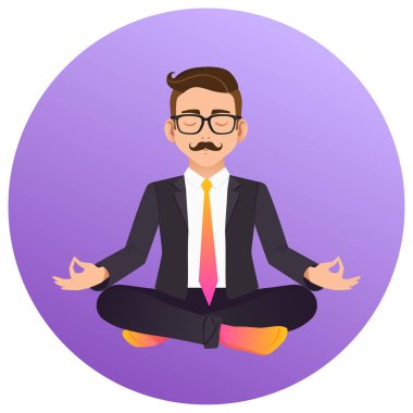 Ofis yogası yapan adamın düz vektör ikonu. İş gününün ortasında sakin ve sakin ol. İşadamı Lotus pozunda meditasyon yapıyor..