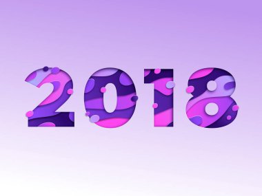 Kağıt kesiği efektli modaya uygun vektör çizimi. Mutlu yıllar 2018. Çoklu katman doku tasarımı.