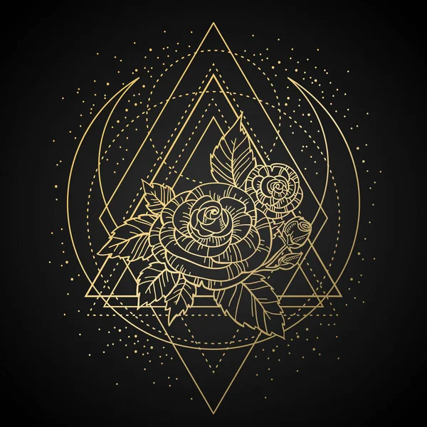 Kutsal geometri çerçeveli gül çiçeği. Dövme, mistik sembol. Boho baskısı, poster, tişört. Tekstil. El yapımı, retro kart tasarımı. İzole vektör illüstrasyonu.