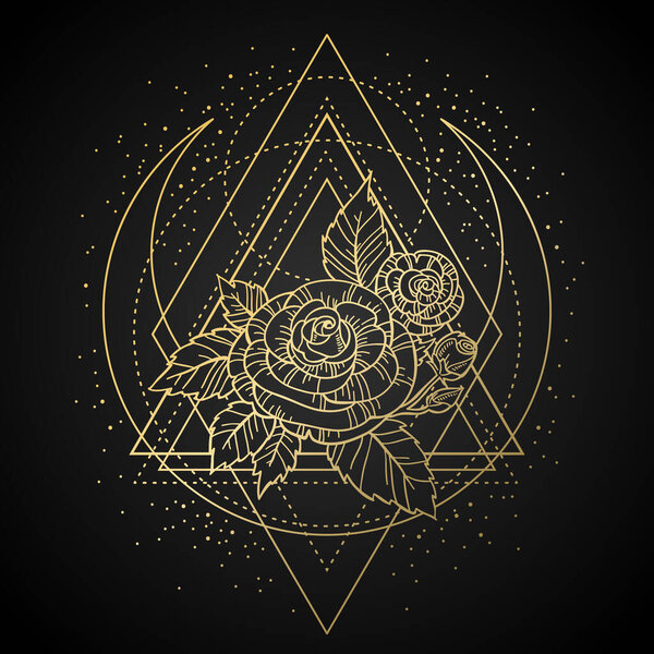 rose flower with sacred geometry frame. Tattoo, mystic symbol. Boho print, poster, t-shirt. textiles.  Hand-drawn, retro card design. Isolated vector illustration.