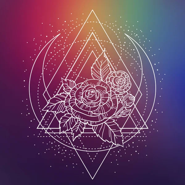 Roseblomst Med Hellig Geometriramme Tatovering Mystisk Symbol Boho Trykk Plakat – stockvektor