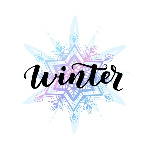 Vector Mandala Poster Inscraption Winter Brush Modern Lettering Snowflake Background — Stock Vector