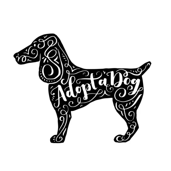 Köpek silueti ve deyimiyle el çizimi hipster tipografi posteri. Bir köpek evlat edinin. Evcil hayvanlarla ilgili ilham verici mektuplar. Evcil hayvanlar için forma tasarımı, etiket, dekor ögeleri ve ürünleri yazdır.