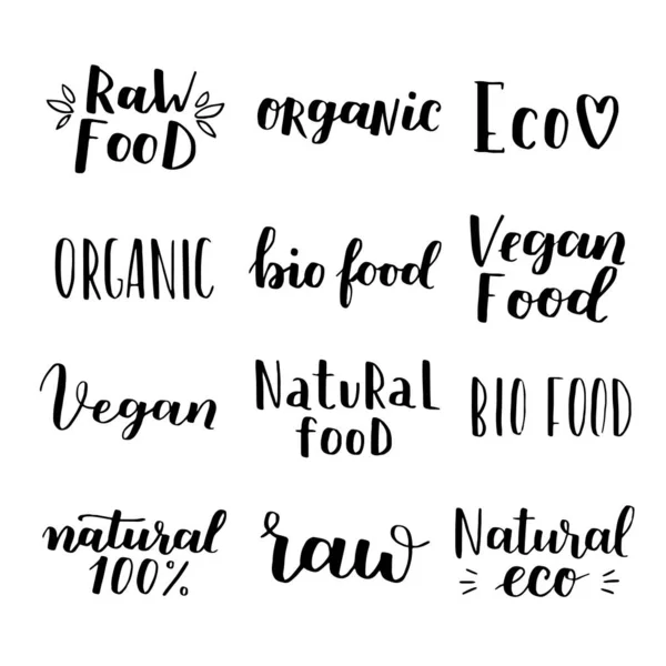 Etiketter Med Vegetarmat Mat Økologiske Næringsmiddelmerker Elementer Som Fastsatt Emballasje – stockvektor