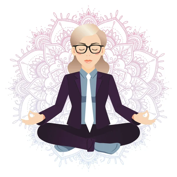 Mediterende Kantoormedewerker Dromerige Mandala Achtergrond Corporate Yoga Illustratie — Stockvector