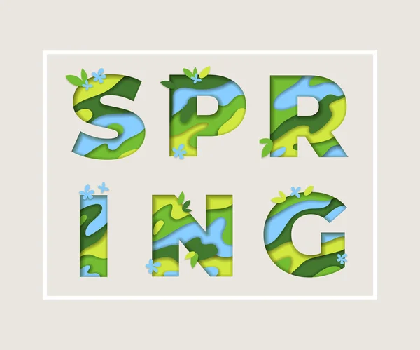 Frühlings Typografie Design Mit Abstrakten Papierschnitten Blättern Und Blumen Vektorillustration — Stockvektor