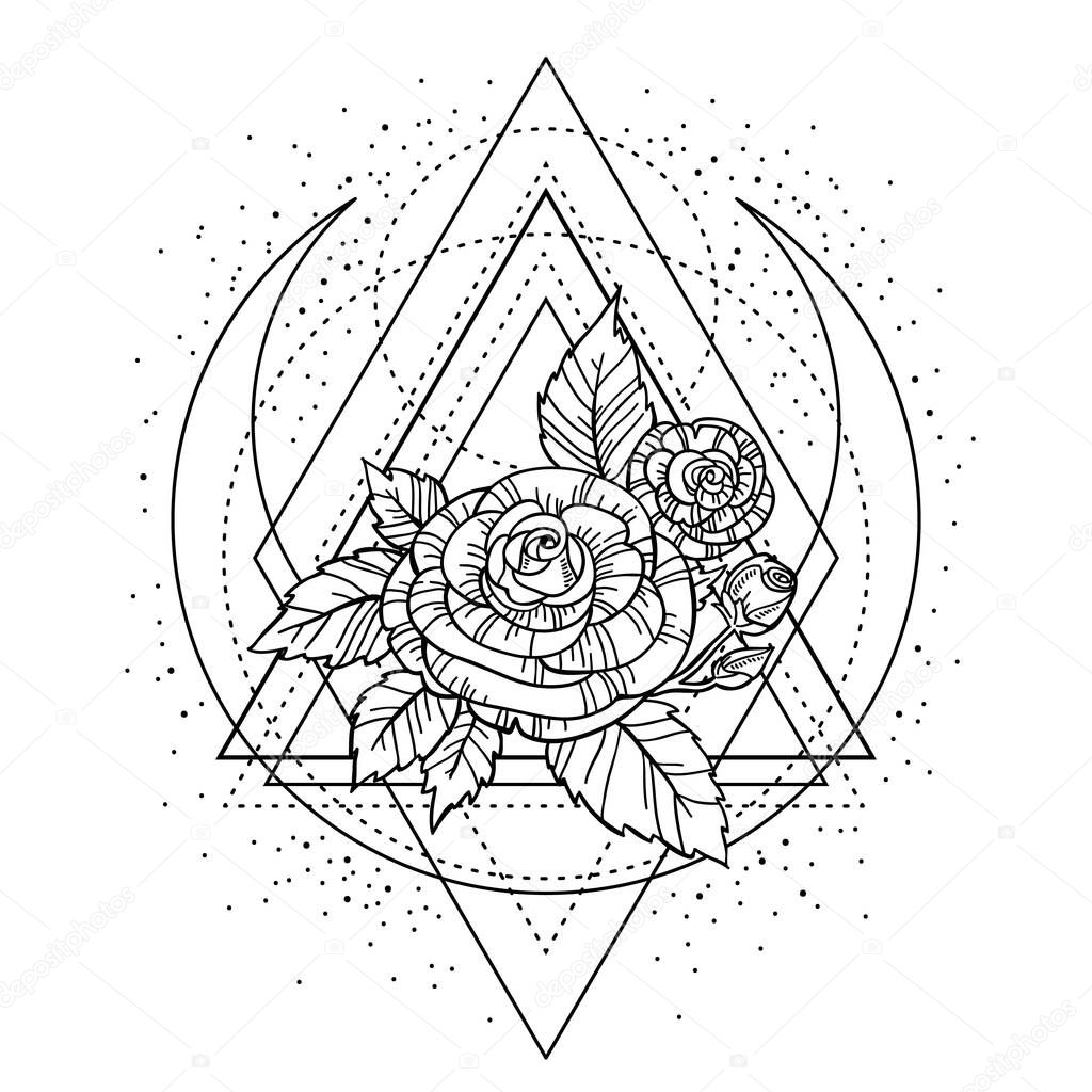 rose flower with sacred geometry frame. Tattoo, mystic symbol. Boho print, poster, t-shirt. textiles. Zen for anti stress book. Hand-drawn, retro card design. Isolated vector illustration.