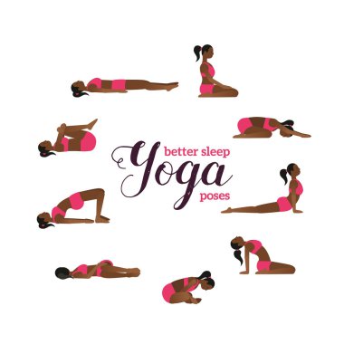 Yoga daha iyi uyumak için poz verir. Spor sutyenli kadın ve uykusuzluktan asana yapan şortlu vektör çizimleri. Düz vektör tasarımında sağlıklı poster. 