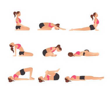 Yoga daha iyi uyumak için poz verir. Spor sutyenli kadın ve uykusuzluktan asana yapan şortlu vektör çizimleri. Düz vektör tasarımında sağlıklı poster. 