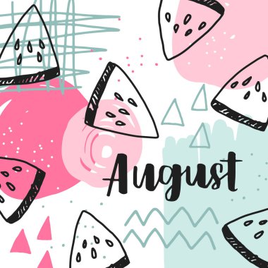 Merhaba ağustos yazıları. Arkadaşları hakkında yazı yazan parlak renkli bir poster. Retro renk tarzında canlı illüstrasyon. Eski renkler ve şekiller.