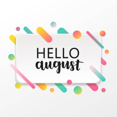 Merhaba ağustos yazıları. Arkadaşları hakkında yazı yazan parlak renkli bir poster. Retro renk tarzında canlı illüstrasyon. Eski renkler ve şekiller.