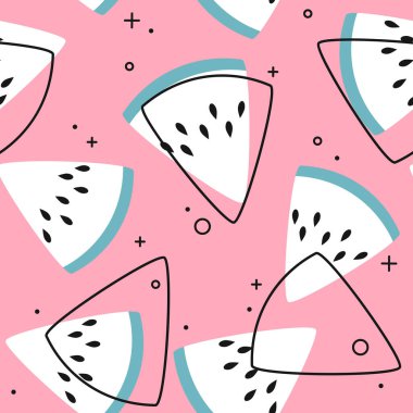 Dilimlenmiş karpuzlarla renksiz vektör deseni. Retro renk tarzında canlı illüstrasyon. Eski renkler ve şekiller.  