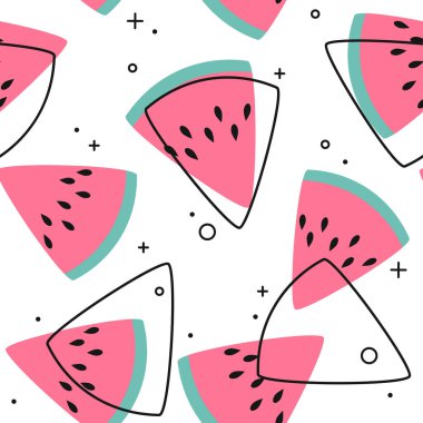 Dilimlenmiş karpuzlarla renksiz vektör deseni. Retro renk tarzında canlı illüstrasyon. Eski renkler ve şekiller.  