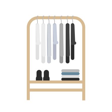 Gardırop, askı ve kıyafetlerle dolu bir vektör. 